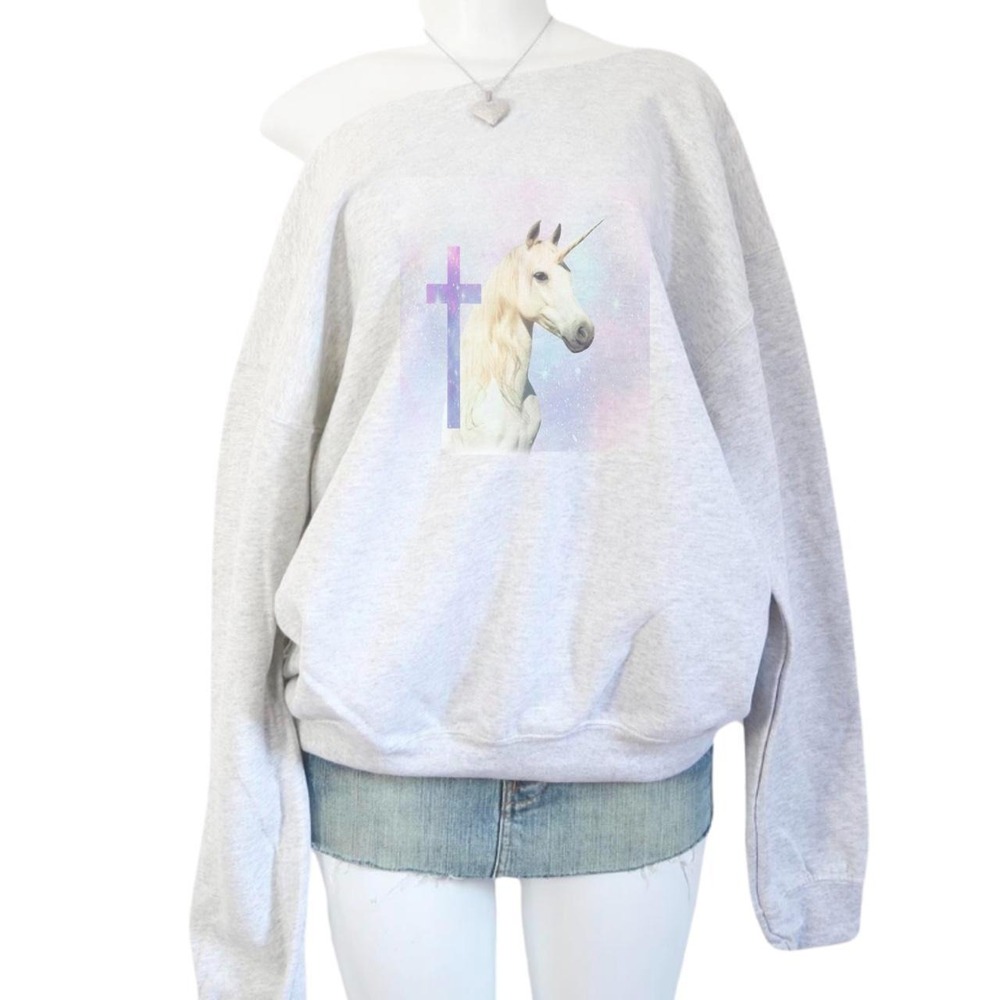 y2k unicorn cross graphic grey crewneck sweatshirt